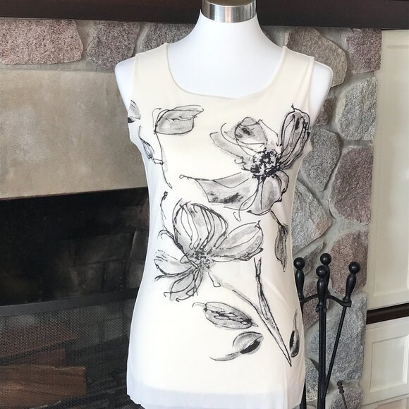 'D. Exterior' Black/Gray Flower Design on Cream Tank Top - Size XL - Picture 1 of 4